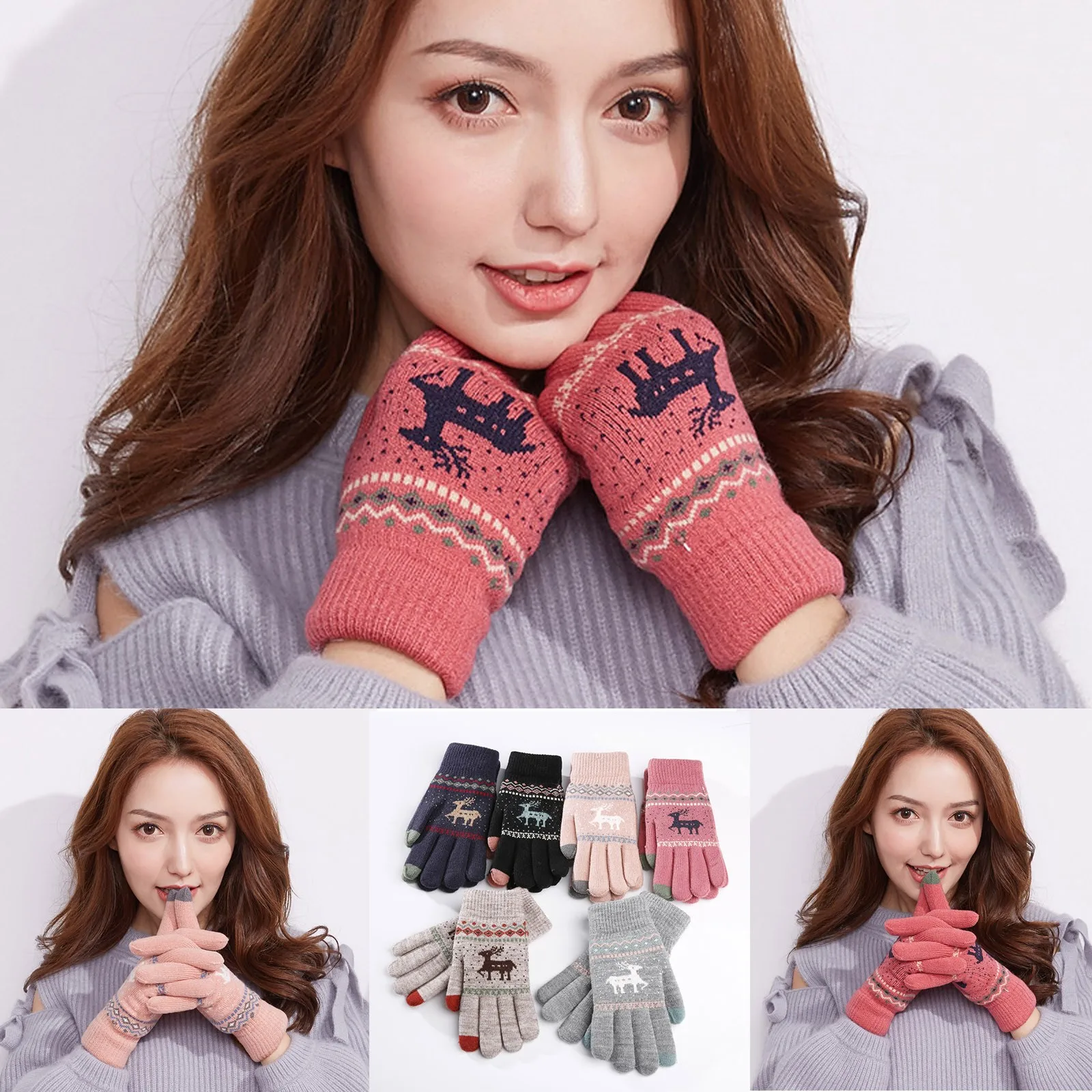 

Knitted Gloves Winter Warm And Velvet Riding Christmas Elk Full Finger Gloves пеѬаки зимние женские Outdoor Cycling Hiking